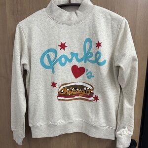 Parker Light Gray Graphic Cowl Neck Sweatshirt with Turquoise Script